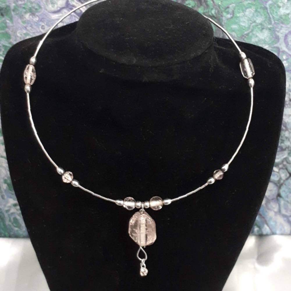 Hand Crafted Liquid Silver Glass Bead Memory Wire Choker Necklace Sterling
